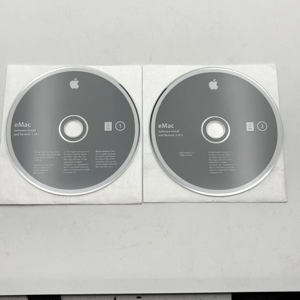 eMac Software 2004 Install and Restore Mac OS 10.3.5 2Z691-4910-A 2-Disc Set